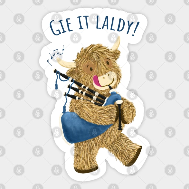 Wee Hamish Scottish Highland Cow And Bagpipes Says Gie It Laldy! Sticker by brodyquixote